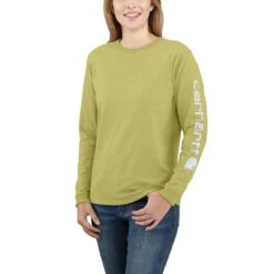 Carhartt Shirts: Women's 103401 GB9 Green Olive Heather Loose Fit Heavy Weight Long Sleeve Graphic T-Shirt