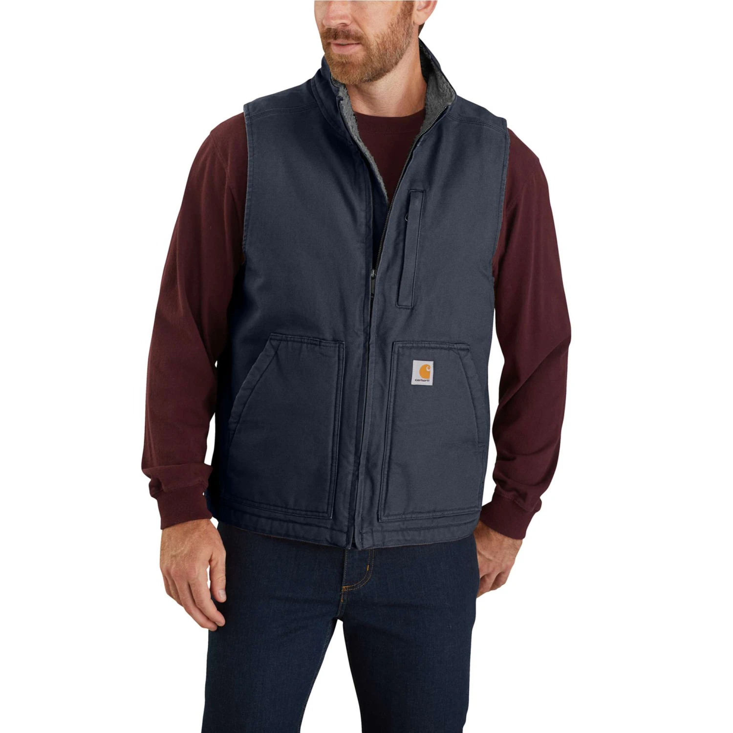 Carhartt Vest: Men's 104277 I26 Navy Washed Duck Sherpa Lined Mock Vest - Image 2