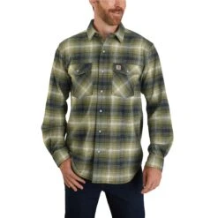 Carhartt Shirts: Men's 104449 G42 Winter Moss Relaxed Fit Flannel Plaid Shirt