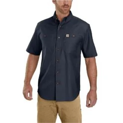 Carhartt Shirts: Men's 103555 412 Navy Rugged Flex Relaxed Fit Midweight Canvas Short Sleeve Shirt