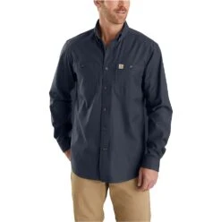 Carhartt Shirts: Men's 103554 412 Navy Rugged Flex Relaxed Fit Midweight Canvas Long Sleeve Shirt