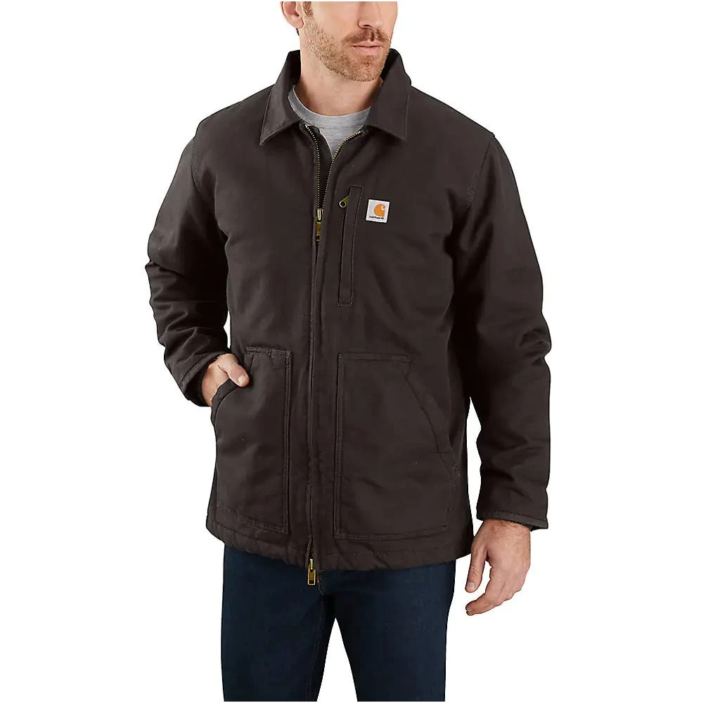 Carhartt Coats: Men's 104293 DKB Dark Brown Loose Fit Washed Duck Sherpa-Lined Coat