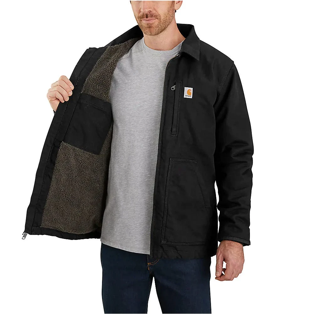 Carhartt Coats: Men's 104293 BLK Black Loose Fit Washed Duck Sherpa-Lined Coat - Image 3